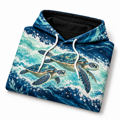 Foamline Run Sea Turtle Hoodie — Navy and Seafoam Wave Print