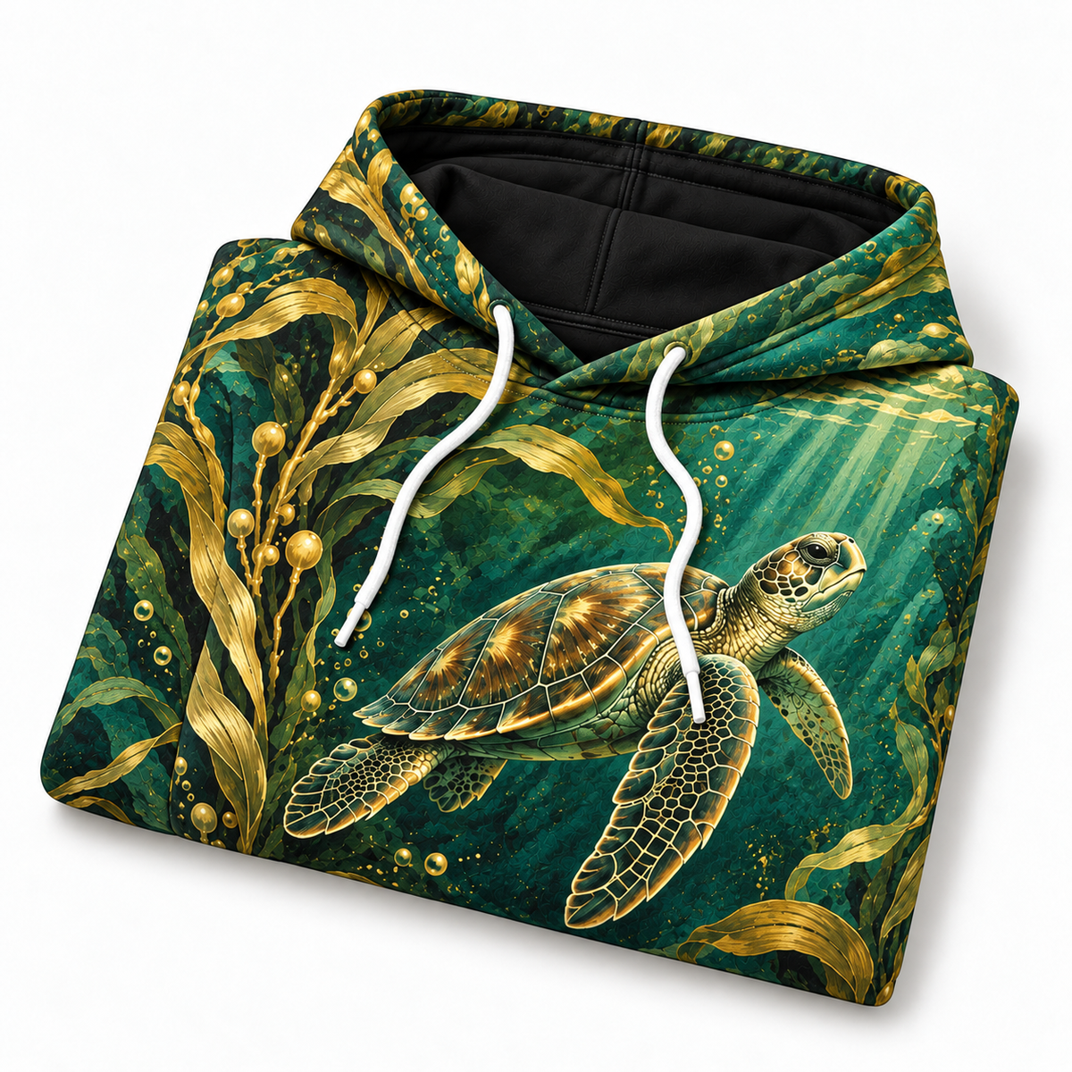 Golden Kelp Passage Sea Turtle Hoodie — Art Nouveau Kelp Print