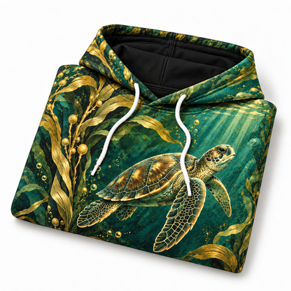 Golden Kelp Passage Sea Turtle Hoodie — Art Nouveau Kelp Print