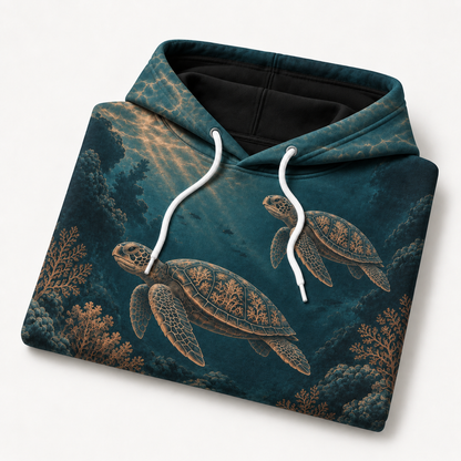 Deep Coral Sea Turtle Hoodie — Underwater Bronze Coral Print
