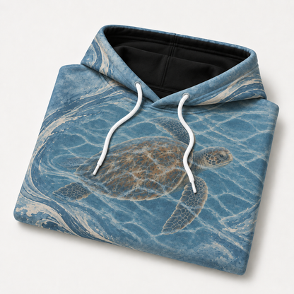 Tidal Drift Sea Turtle Hoodie — Ocean Blue Wave Print