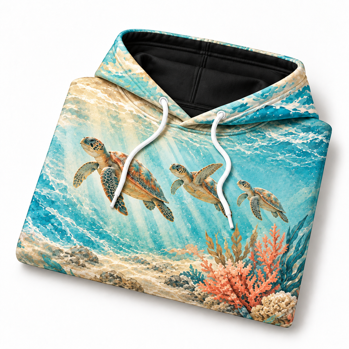 Coral Sand Serenade Sea Turtle Hoodie — Soft Coral Garden Print