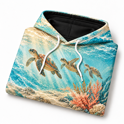 Coral Sand Serenade Sea Turtle Hoodie — Soft Coral Garden Print