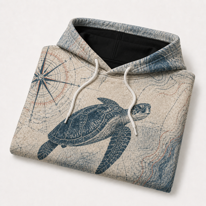 Wayfinder Sea Turtle Hoodie — Vintage Nautical Chart Print
