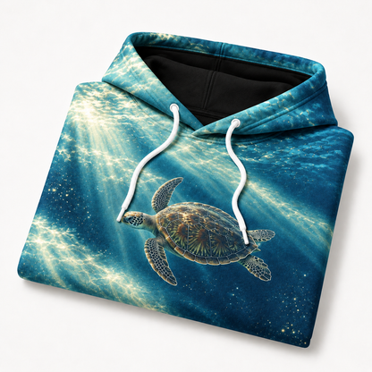 Sunshaft Stair Sea Turtle Hoodie — Layered Light Print