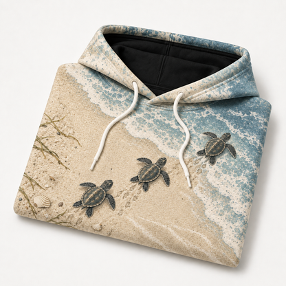 Sandy Trail Sea Turtle Hoodie — Beach Sunrise Hatchling Print