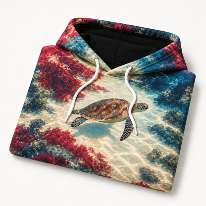 Cranberry Shoals Sea Turtle Hoodie — Warm Coastal Abstract Print