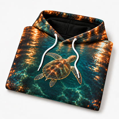 Espresso Harbor Sea Turtle Hoodie — Coastal Bokeh Print