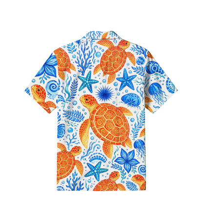 Orange Sea Turtle Hawaiian Shirt | Blue Coastal Art TT24
