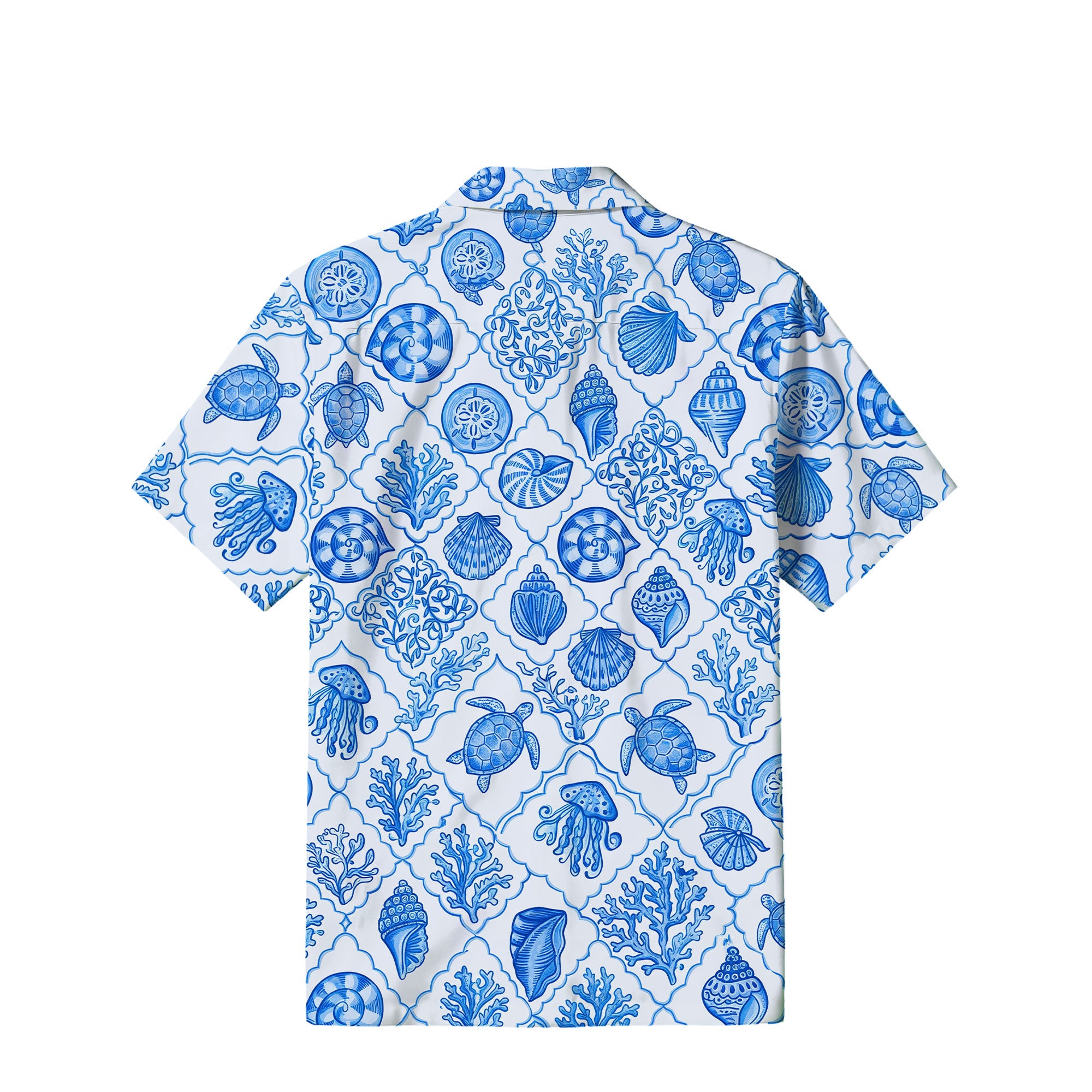Blue & White Sea Turtle Hawaiian Shirt | Coastal Tile TT27
