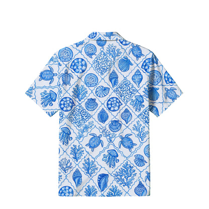 Blue & White Sea Turtle Hawaiian Shirt | Coastal Tile TT27