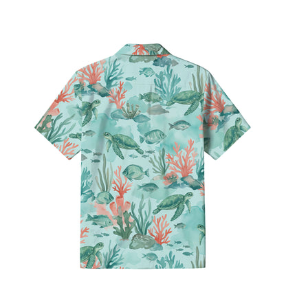 Watercolor Sea Turtle Hawaiian Shirt | Aqua Coral Reef TT69