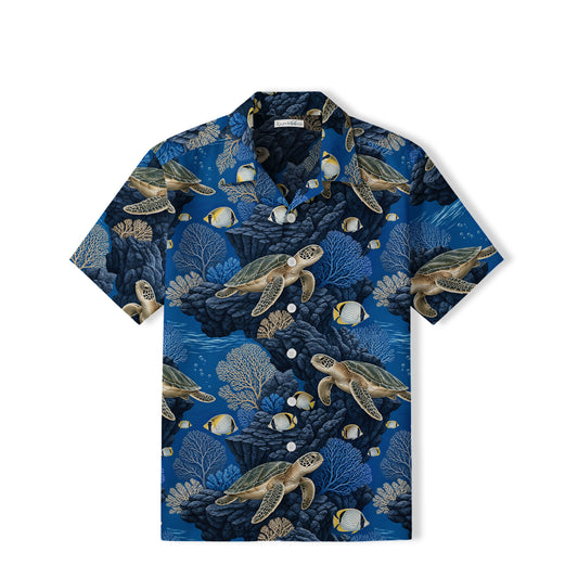 Sea Turtle Coral Reef Hawaiian Shirt | Deep Blue Ocean TT48