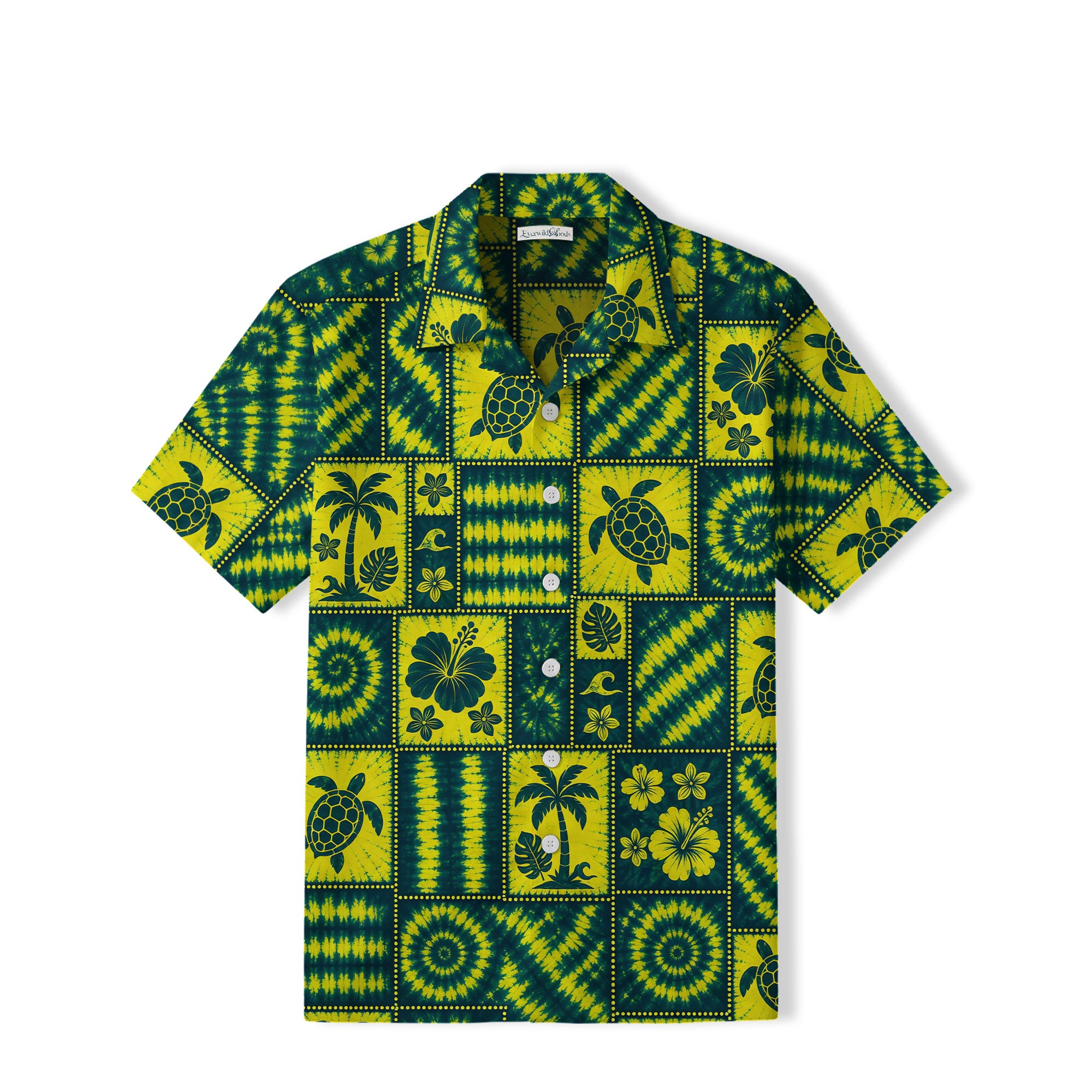 Tie-Dye Sea Turtle Patchwork Hawaiian Shirt | Tropical Green TT17