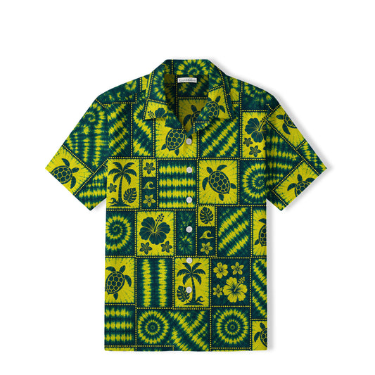 Tie-Dye Sea Turtle Patchwork Hawaiian Shirt | Tropical Green TT17