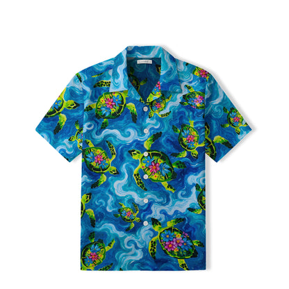 Floral Sea Turtle Hawaiian Shirt | Blue Ocean Art TT21