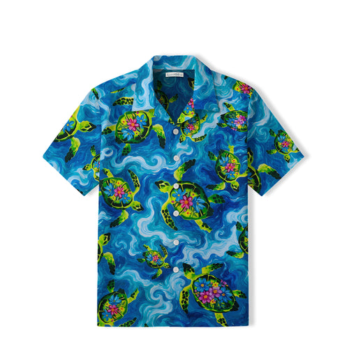 Floral Sea Turtle Hawaiian Shirt | Blue Ocean Art TT21