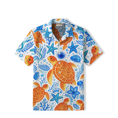 Orange Sea Turtle Hawaiian Shirt | Blue Coastal Art TT24