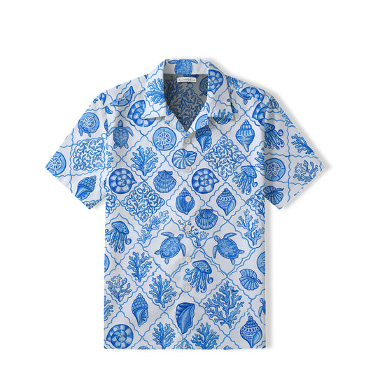 Blue & White Sea Turtle Hawaiian Shirt | Coastal Tile TT27