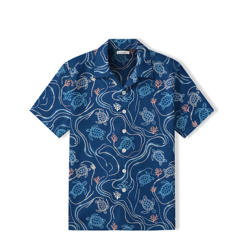 Coastal Sea Turtle Hawaiian Shirt | Navy Coral Trails TT65