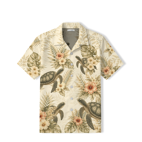Vintage Sea Turtle Hawaiian Shirt | Botanical Hibiscus TT92
