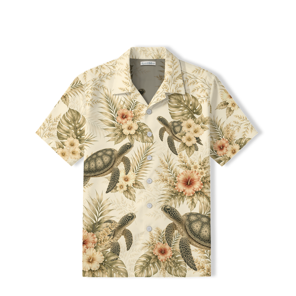 Vintage Sea Turtle Hawaiian Shirt | Botanical Hibiscus TT92