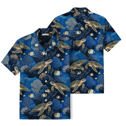 Sea Turtle Coral Reef Hawaiian Shirt | Deep Blue Ocean TT48