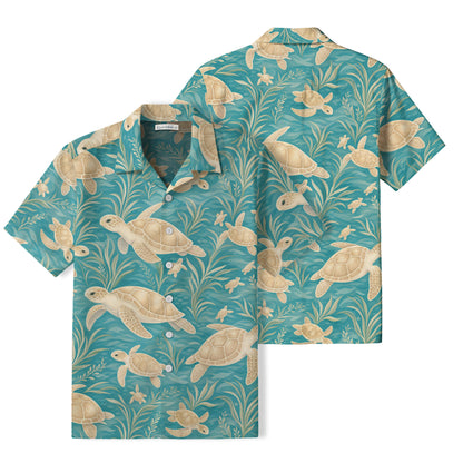 Coastal Sea Turtle Hawaiian Shirt | Aqua Botanical TT51