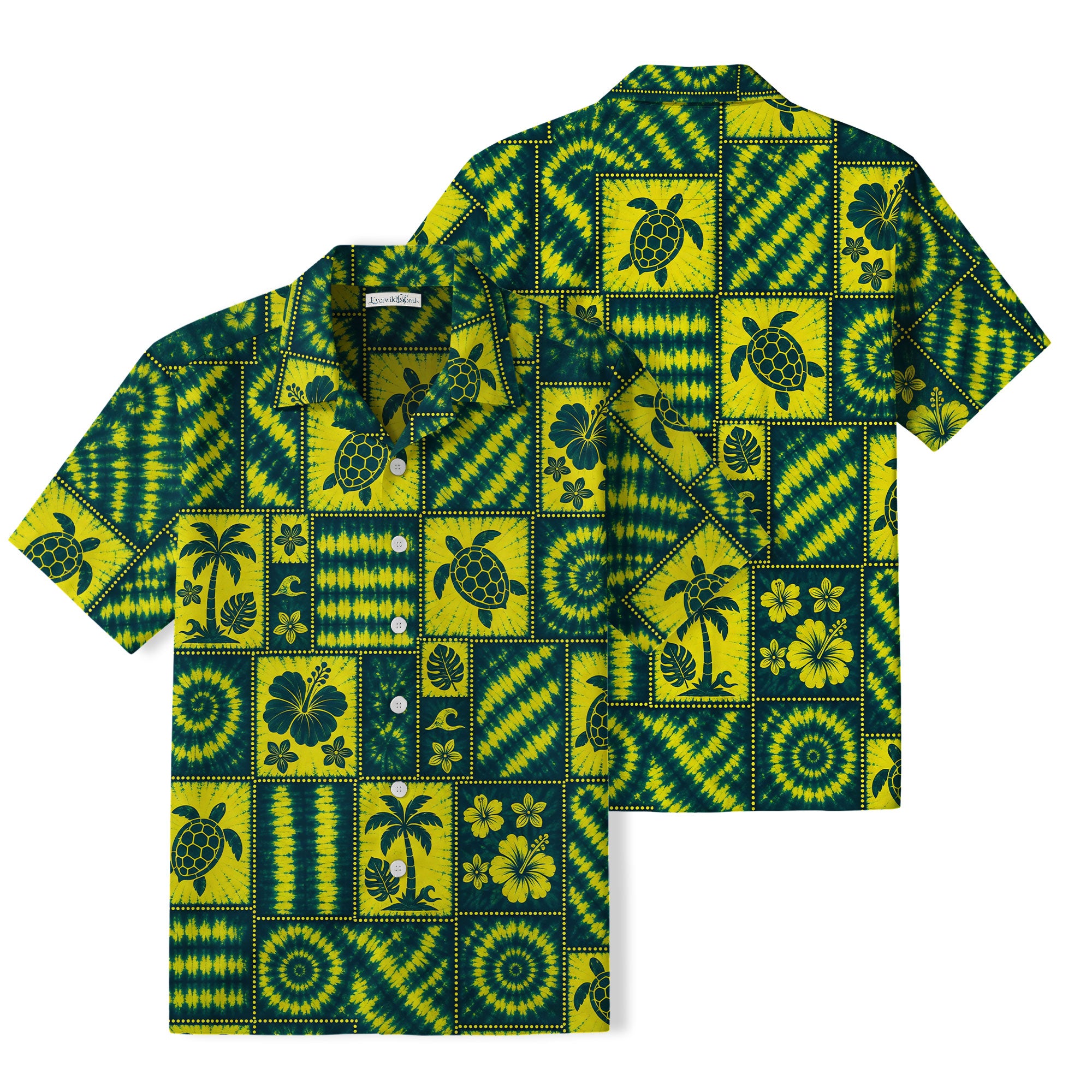 Tie-Dye Sea Turtle Patchwork Hawaiian Shirt | Tropical Green TT17