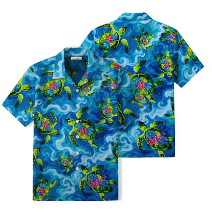 Floral Sea Turtle Hawaiian Shirt | Blue Ocean Art TT21