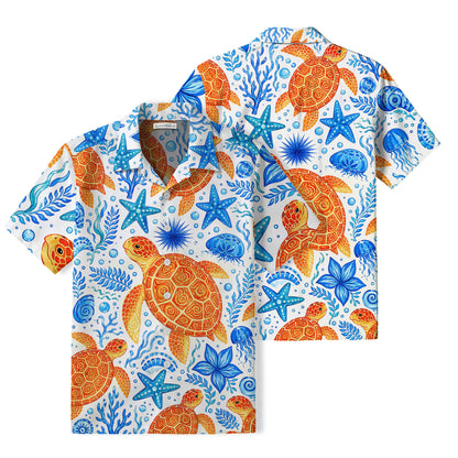 Orange Sea Turtle Hawaiian Shirt | Blue Coastal Art TT24