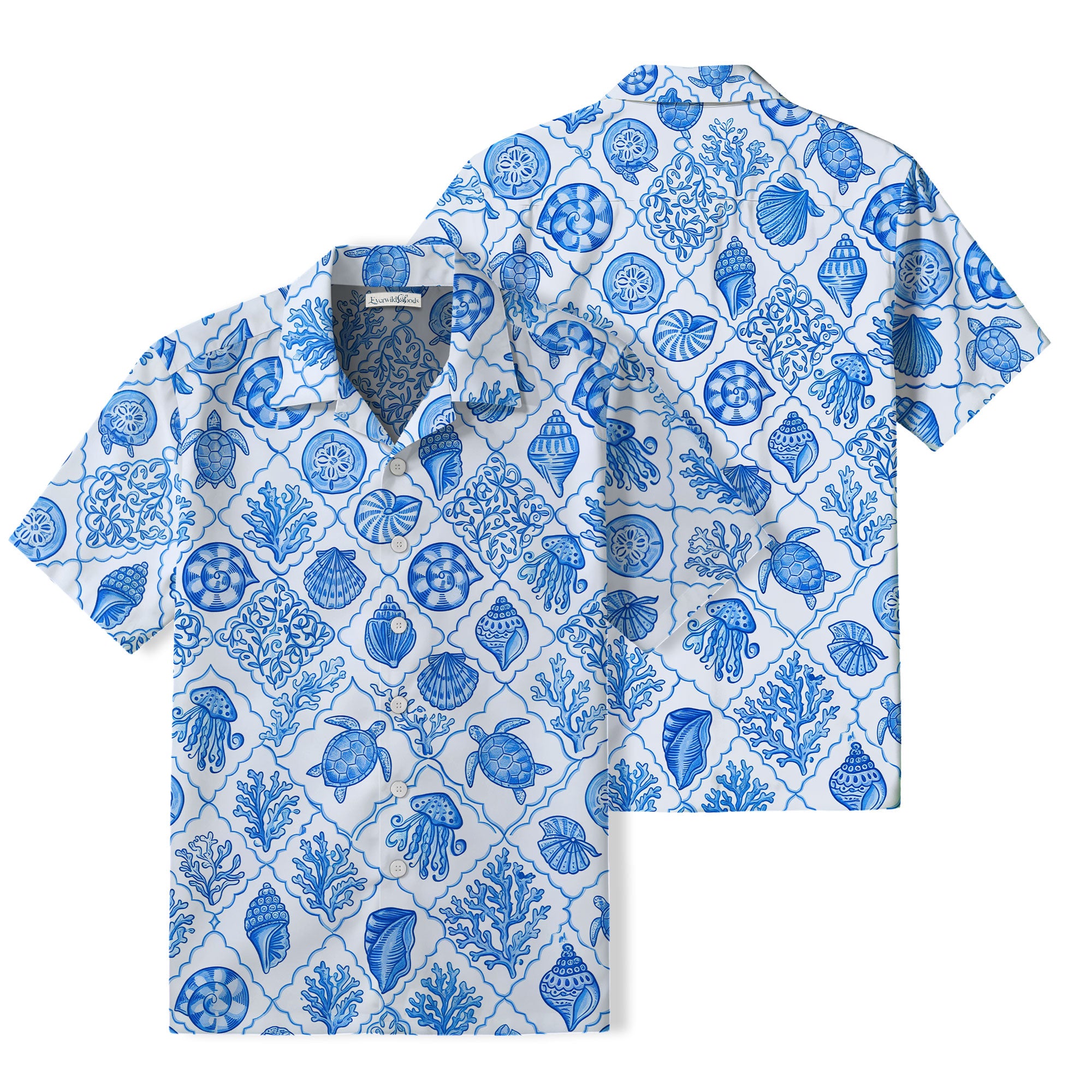 Blue & White Sea Turtle Hawaiian Shirt | Coastal Tile TT27