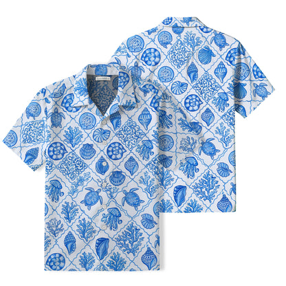 Blue & White Sea Turtle Hawaiian Shirt | Coastal Tile TT27