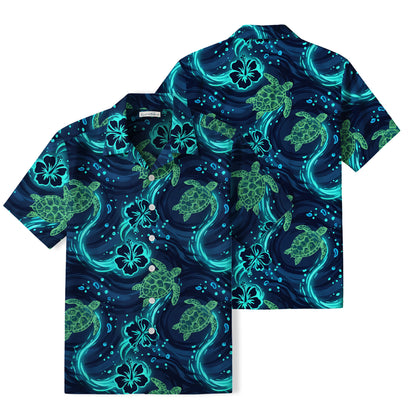 Neon Sea Turtle Hawaiian Shirt | Hibiscus Ocean Waves TT56