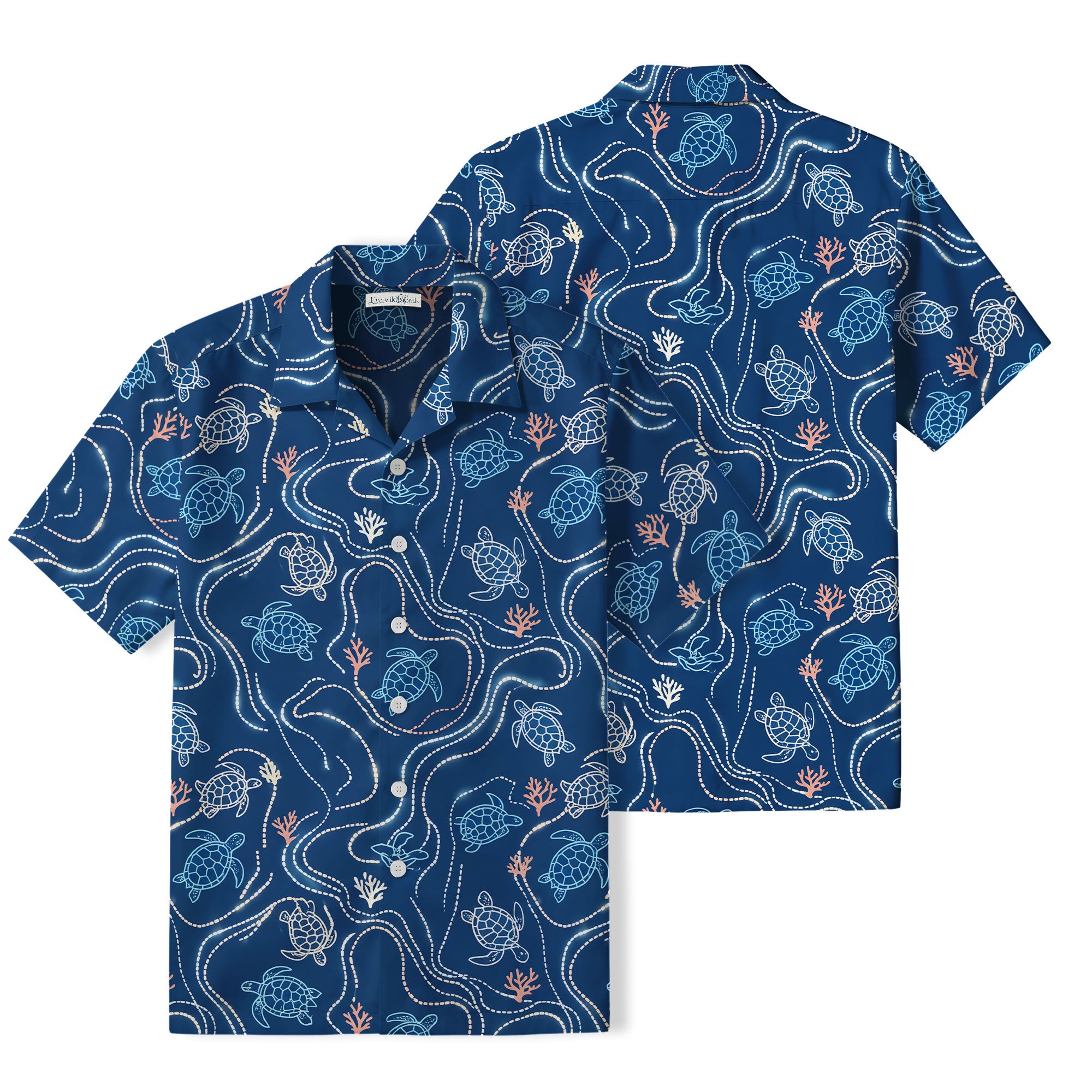 Coastal Sea Turtle Hawaiian Shirt | Navy Coral Trails TT65