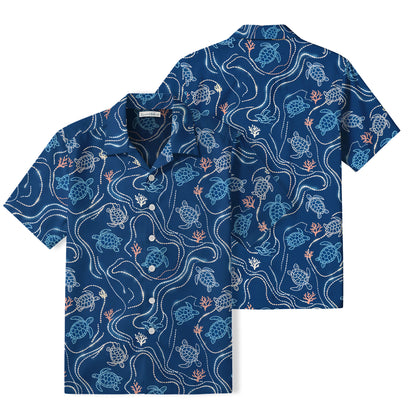 Coastal Sea Turtle Hawaiian Shirt | Navy Coral Trails TT65
