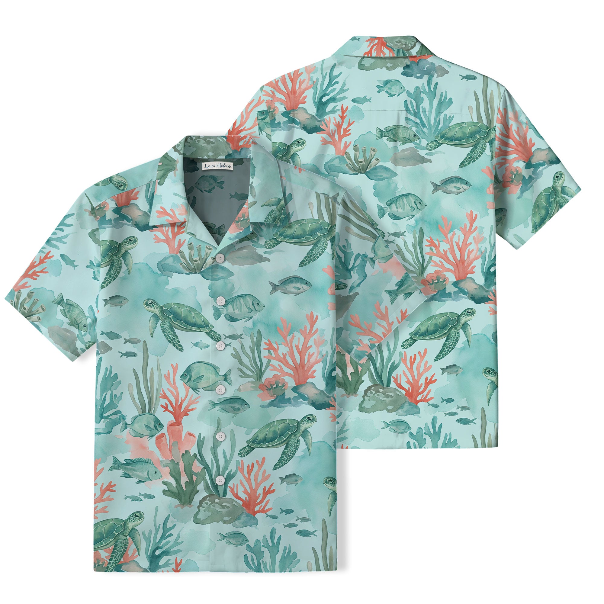 Watercolor Sea Turtle Hawaiian Shirt | Aqua Coral Reef TT69
