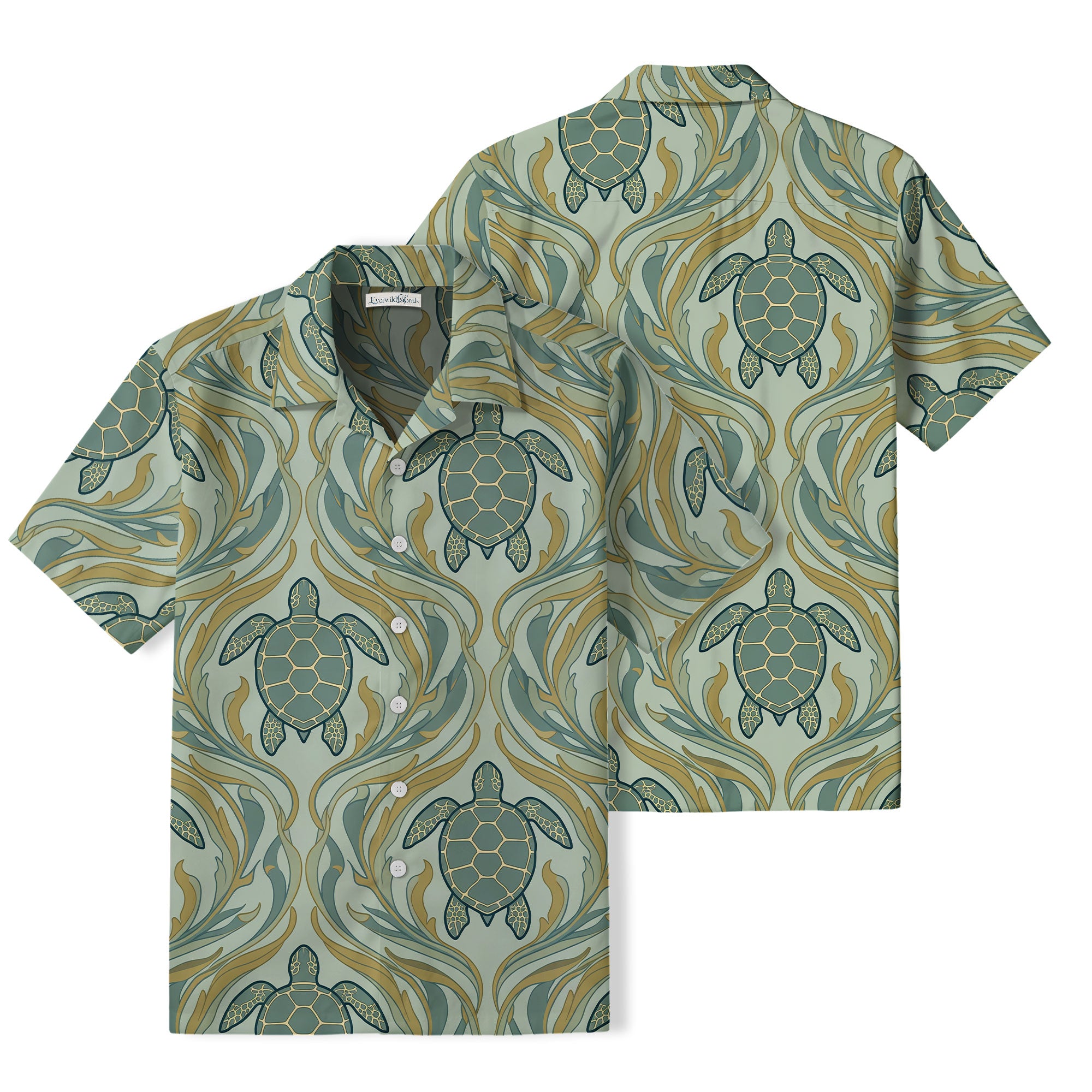 Art Nouveau Sea Turtle Hawaiian Shirt | Sage Ocean Waves TT80