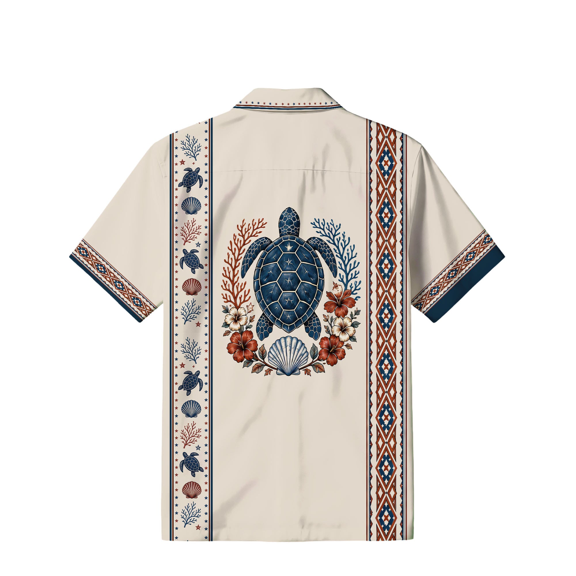 Sea Turtle Hawaiian Shirt – Vintage Folk Coastal Aztec Border Men's Button-Up