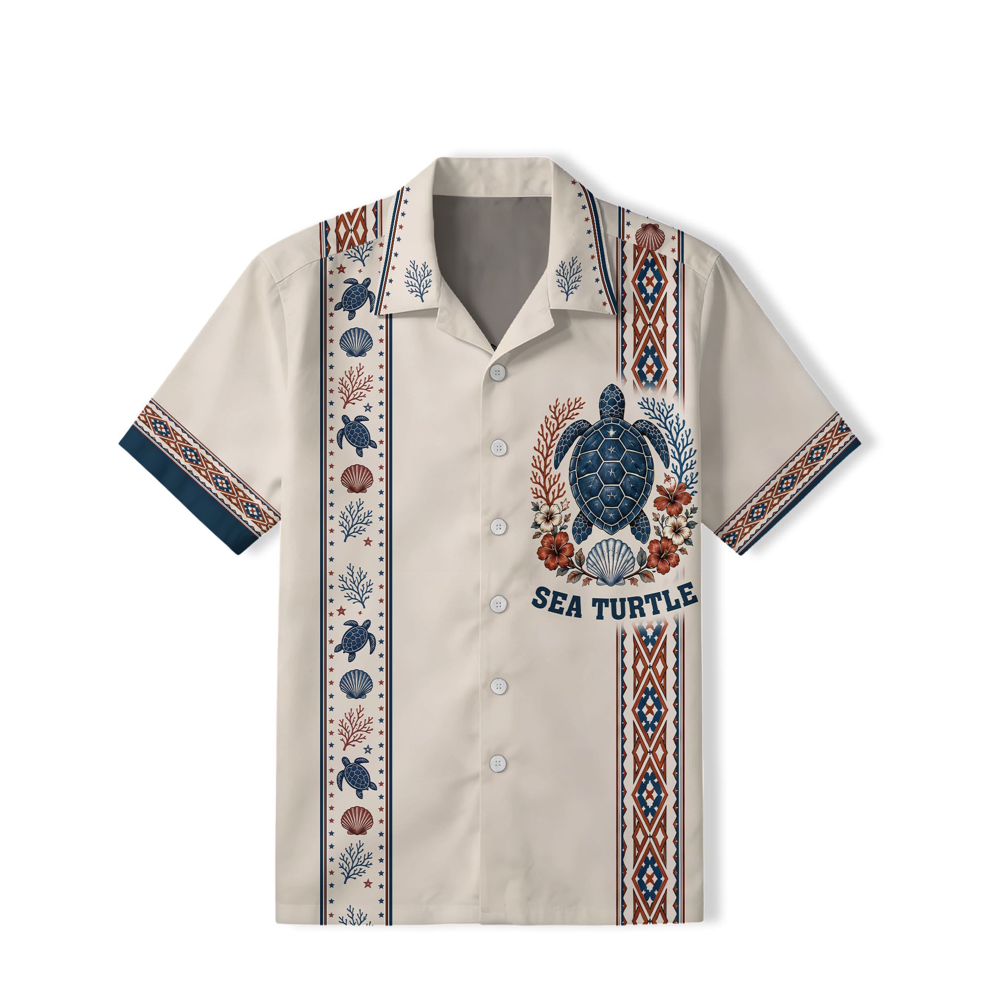 Sea Turtle Hawaiian Shirt – Vintage Folk Coastal Aztec Border Men's Button-Up