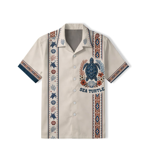 Sea Turtle Hawaiian Shirt – Vintage Folk Coastal Aztec Border Men's Button-Up