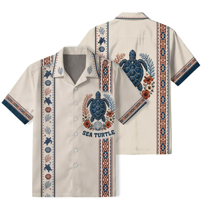 Sea Turtle Hawaiian Shirt – Vintage Folk Coastal Aztec Border Men's Button-Up